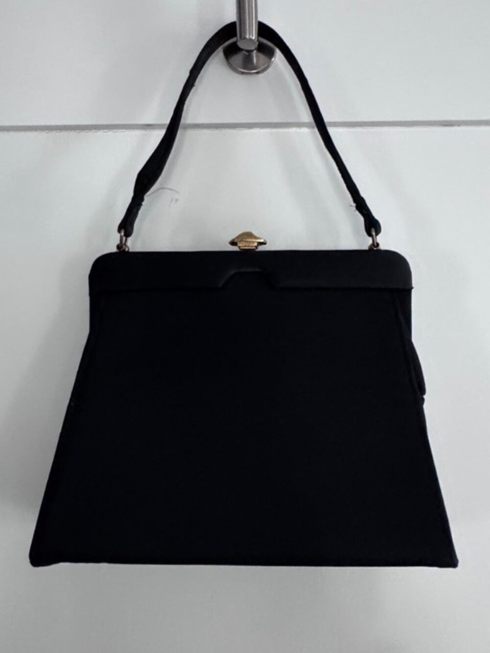 Vintage Evening Bag (1950s): Trapezoid Shape, Black Fabric,Gold-Tone Brass Clasp